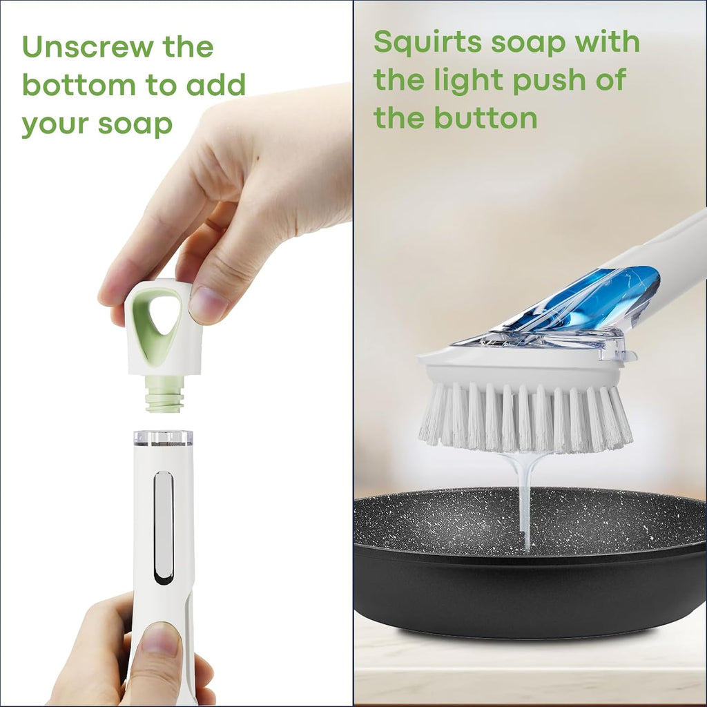 RIMAY Dish Brush with Soap Dispenser Storage Set, Soap Dispensing Dish Brush with 2 Pcs Brush Refills & Holder, Kitchen Dish Washing Wand with Handle for Dishes/Pans/Pots/Sink (White)