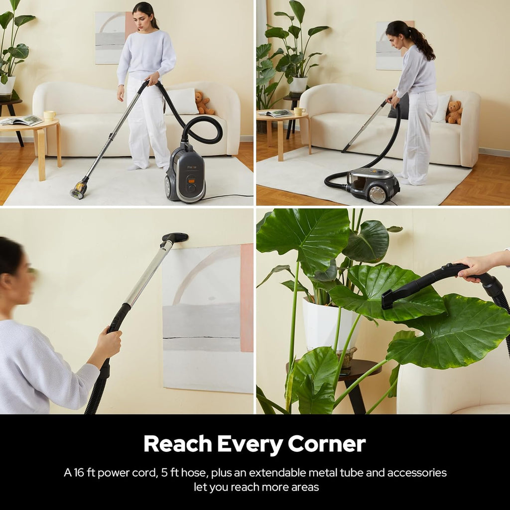 Aircliff Canister Vacuum Cleaner, Specially Designed Nozzle for Pet Family, 1200W & 17Kpa Strong Suction, 2 HEPA Filters & 5 Cleaning Tools for Hard Floor, Carpet, Upholstery, Pet Hair(Sliver)