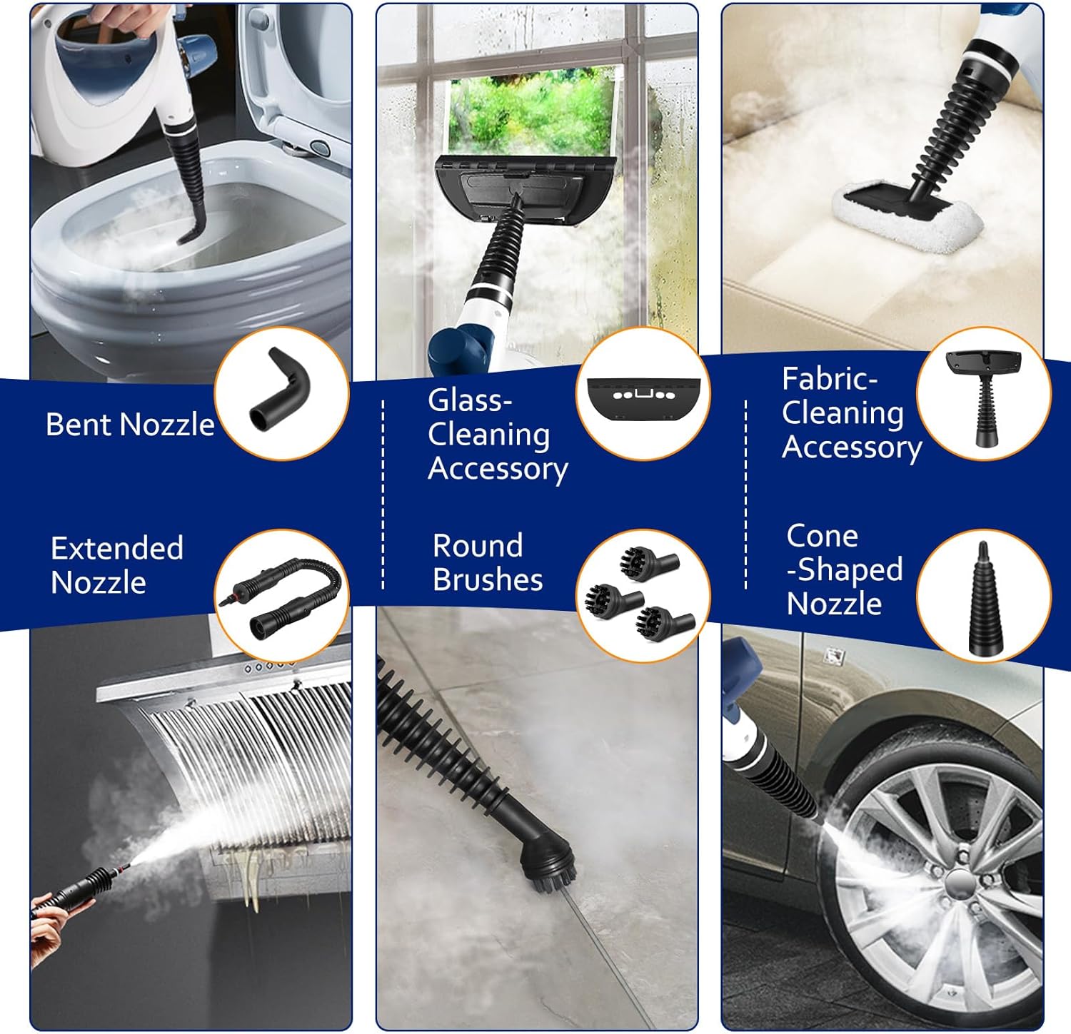 Pressurized Handheld Multi-Surface Natural Steam Cleaner with 12 pcs Accessories, Multi-Purpose Steamer for Home Use, Steamer for Cleaning Floor, Upholstery, Grout and Car (White&Blue)