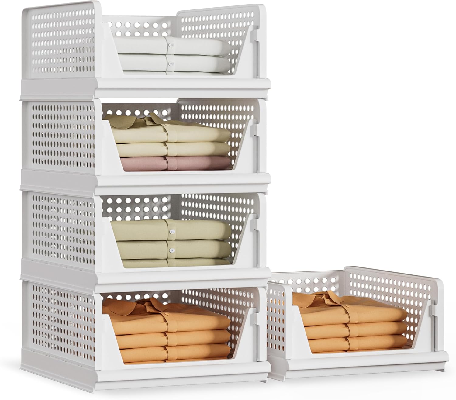 Proarea 5 Pack Stackable Plastic Storage Basket Closet Organizer Bin Foldable Clothes Organizer Storage Drawer Shelf Container for Living Room Bathroom Kitchen Office (5L)