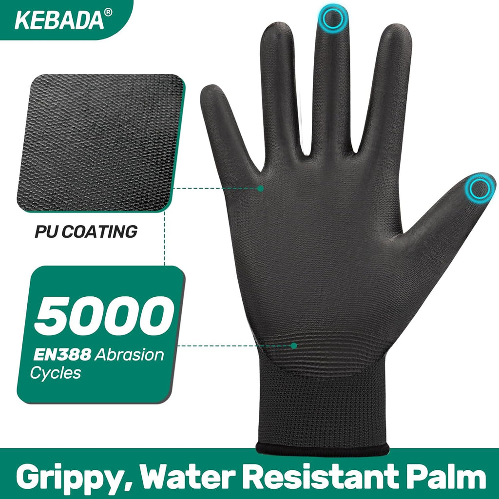 Kebada W1 Work Gloves for Men and Women, PU Coated Safety Gloves with Grip, Touchscreen, Ideal for Warehouse Package Handling, Construction, Gardening, Black X-Large