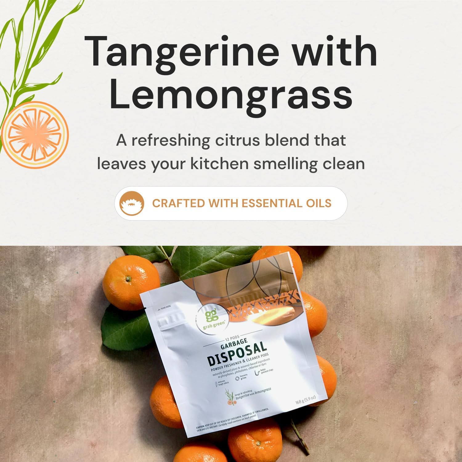 Grab Green Garbage Disposal Freshener and Cleaner Pods, 12 Count, Tangerine with Lemongrass Scent, Plant and Mineral Based, Removes Odors, Loosens Grime, Prevents Clogging
