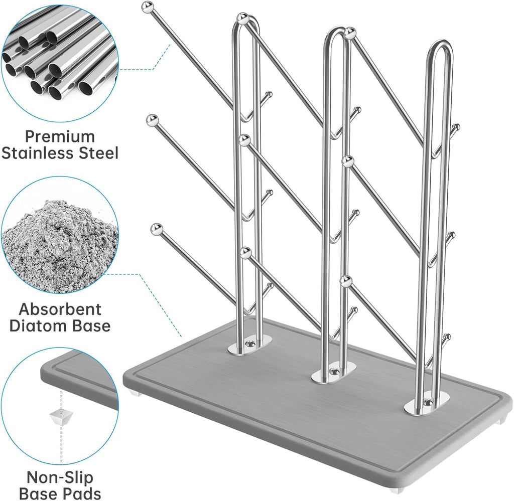 NiHome Baby Bottle Drying Rack with Diatomite Base & Stainless Steel Frame, Foldable Countertop Organizer Holds 9 Bottles, Space-Saving Stand for Water Bottles, Lids, Reusable Bags & More