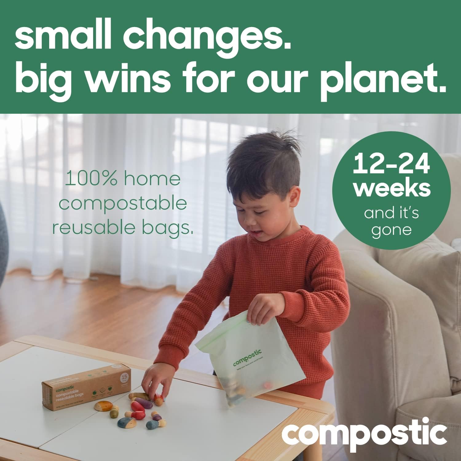 Compostic Home Compostable Resealable Gallon Bags (10.5"x10.5"), Microwave & Freezer Safe, Organic Food Storage Container, 100 Count (Pack of 1)