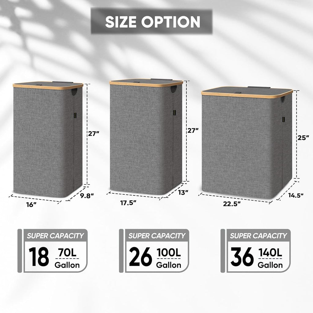 BALEINE Laundry Hamper with Lid, Tall Laundry Baskets with Bamboo Pull Handles, Large Laundry Bin with Internal Support (18 Gal/70L, Grey)