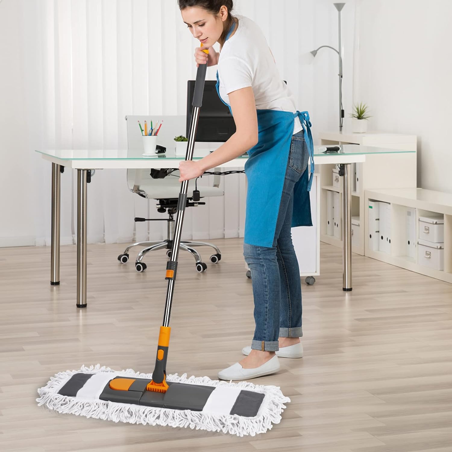 MASTERTOP Dust Mop for Floor Cleaning, Microfiber Floor Mop with 2 Washable Pads, Height Adjustable Long Handle, 24.6'' Dry and Wet Flat Mop for Hardwood, Laminate, Tile, Marble