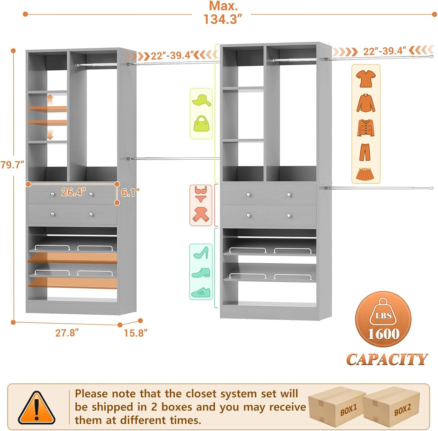 Closet System, Up to 134"/11.2 FT Closet Organizer with 4 Wooden Drawers and Shelves, Walk-in Closet System with 6 Hanging Rods, Built-in Closet Can Fit 96"/8FT, 120"/10FT, Morandi Grey