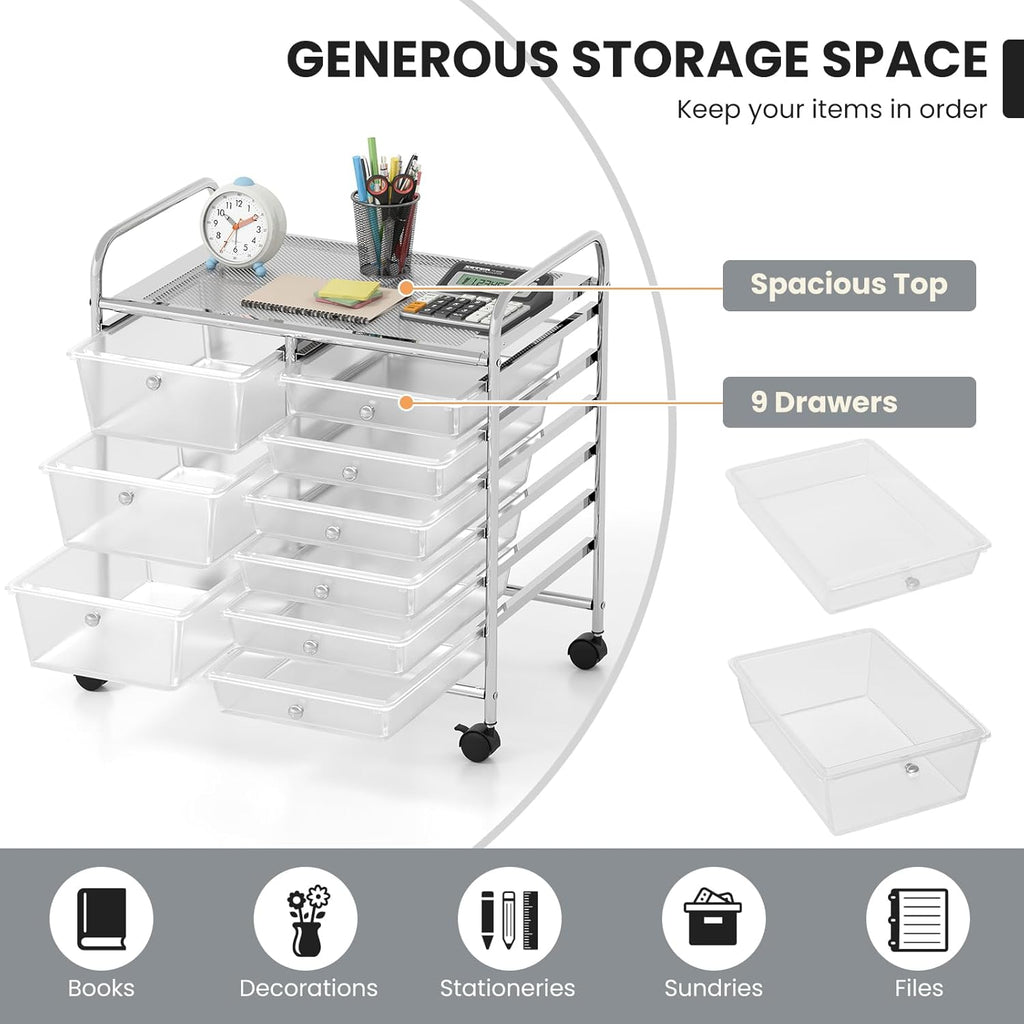 GOFLAME 9-Drawer Rolling Storage Cart, Mobile Utility Cart with Removable Drawers & Metal Frame, Art Craft Organizer Cart with Lockable Wheels, Storage Drawer Cart for Home Office, School, Clear