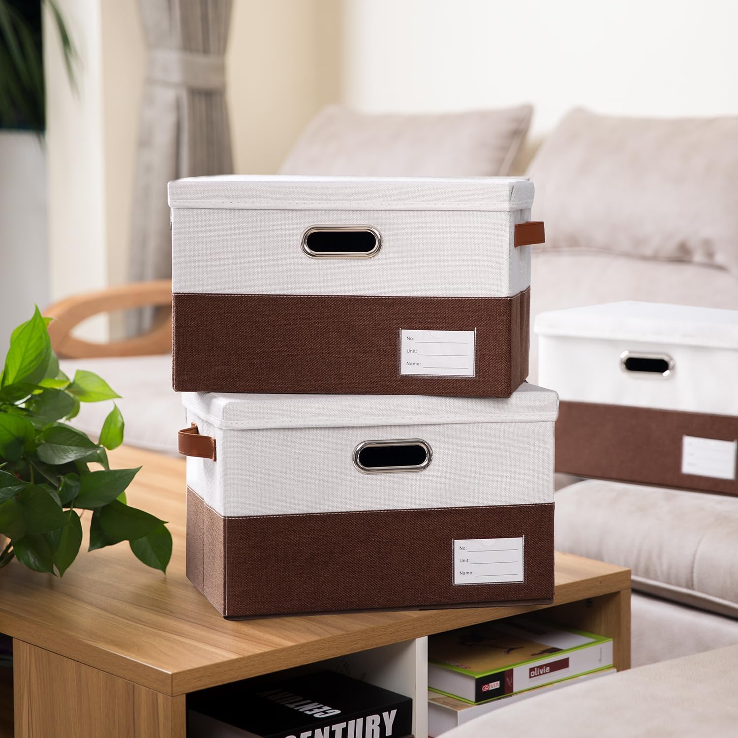 PRANDOM Foldable Storage Bins with Lids [3-Pack] Fabric Collapsible Storage Boxes Baskets Cubes Containers with Handles for Closet Living Room Bedroom (Brown & White 14.9x9.8x9.8'')