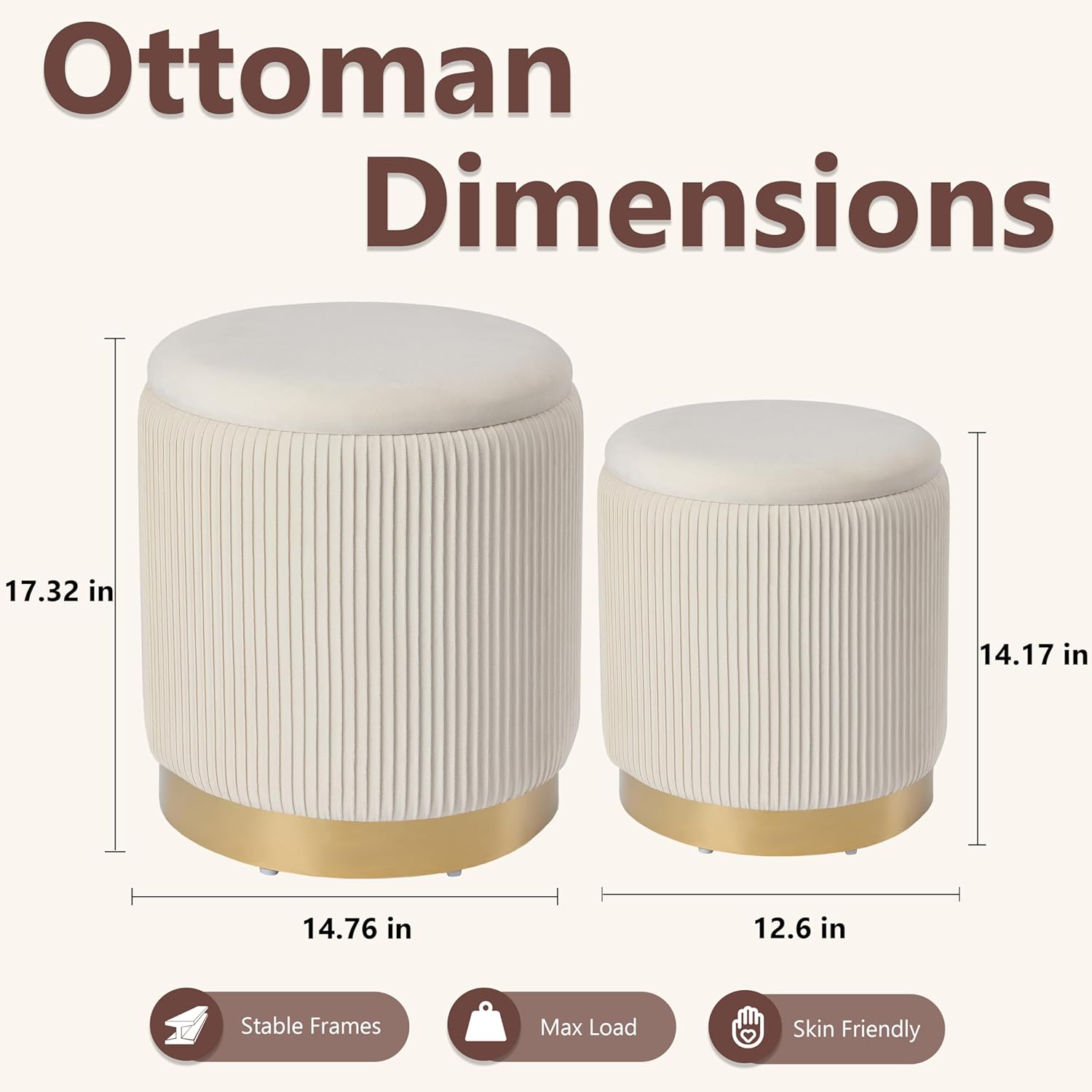 Royal Windsor Round Ottoman with Storage Set of 2, Vanity Stool with Storage for Bedroom, Ottoman Coffee Table Gold-Tone Ring Around The Base, Small Velvet Foot Stool for Living Room, Beige