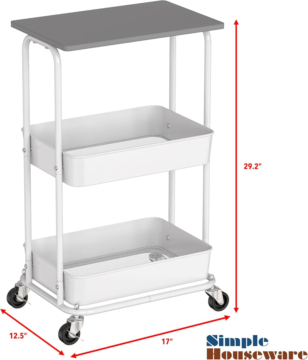 Simple Houseware 2-Tier Rolling Utility Cart with Lockable Wheels and Wood Top, Metal Storage Organizer Trolley for Kitchen, Bathroom, Office, Craft Room, Grey