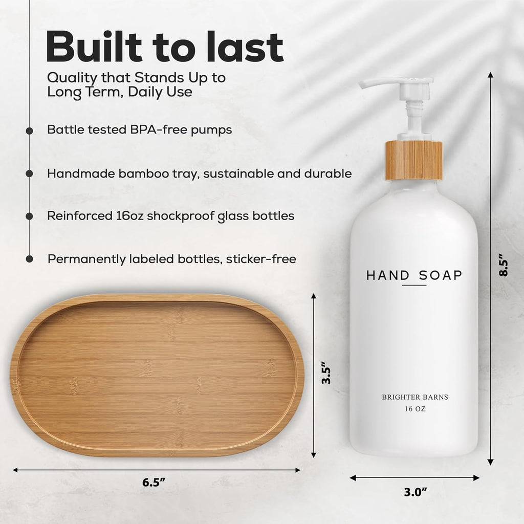 White Glass Hand and Dish Soap Dispenser Set by Brighter Barns - Kitchen Soap Dispenser Set with Tray - Glass Bottles for Kitchen Sink - Housewarming Gift, Countertop Decor, Boho Home Decor (White)