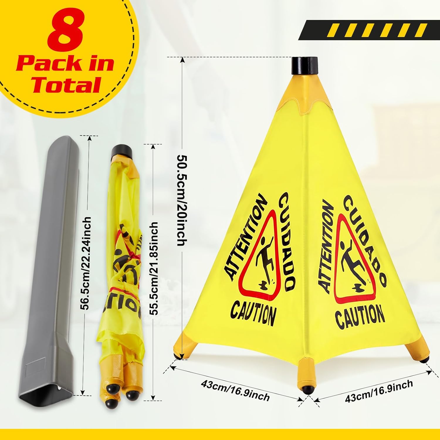 8 Pcs Pop up Wet Floor Sign with Storage Tube 20 Inch Wet Safety Signs Commercial Caution Safety Cone Pop up Caution Sign for Commercial Stores Grocery Restaurant Restroom Office Use