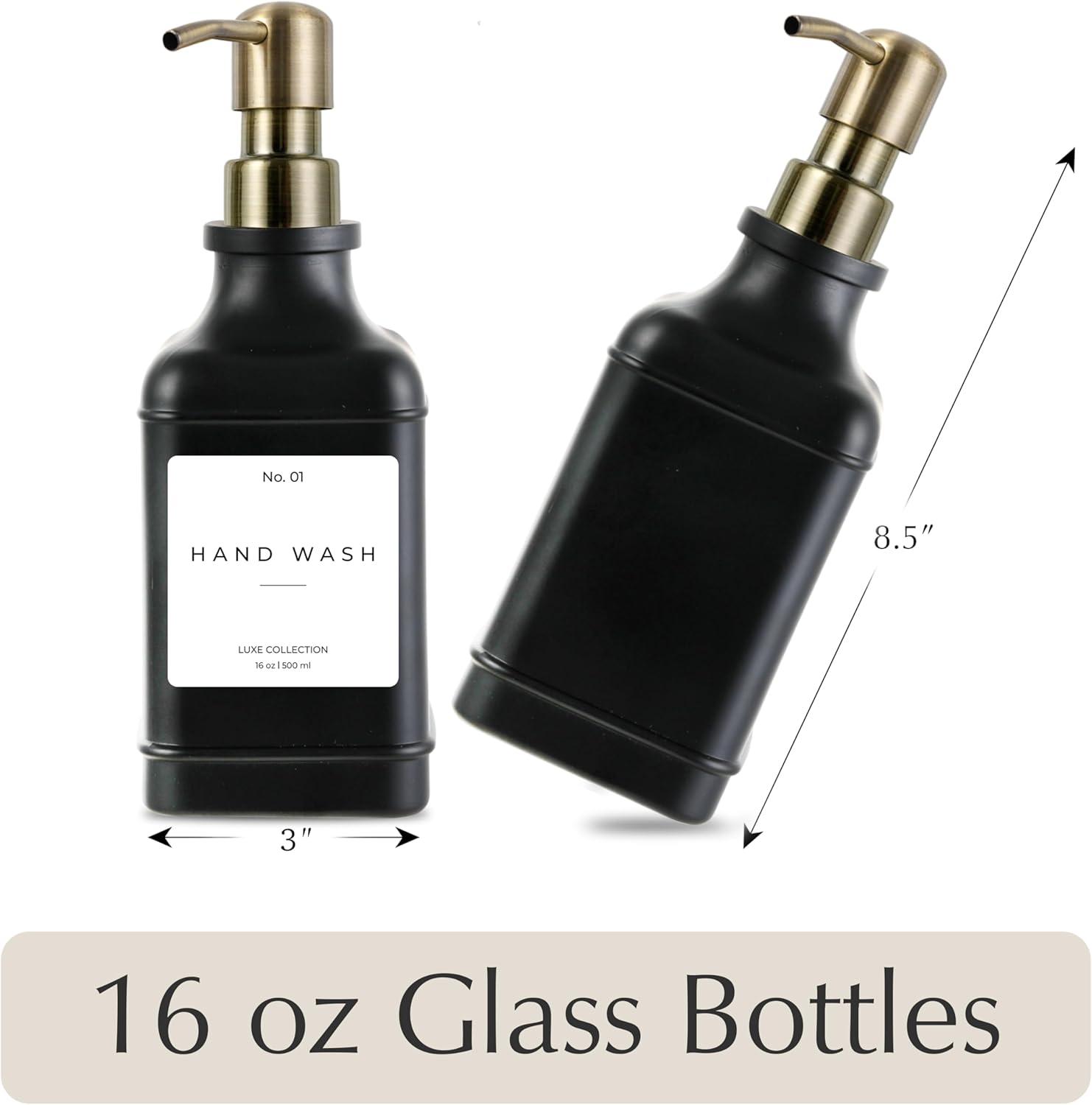 Emerson Essentials Soap Dispenser, Dish Soap Dispenser, Soap Bottle Bathroom Set, Hand Soap Farmhouse Home, Kitchen Soap Dispenser Set - Glass Soap Dispenser with Pump and Labels, 16 Oz, 2 Set