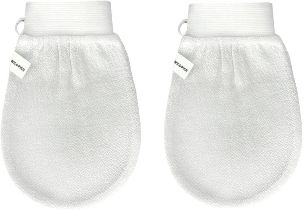 Wildpier Beauty Exfoliating Glove 2 Pack Mitt Body Scrub for Bath Shower Spa Hand Exfoliator Gloves, Dead Skin Cell Remover, Plant Based Deep Exfoliation Scrubber, White