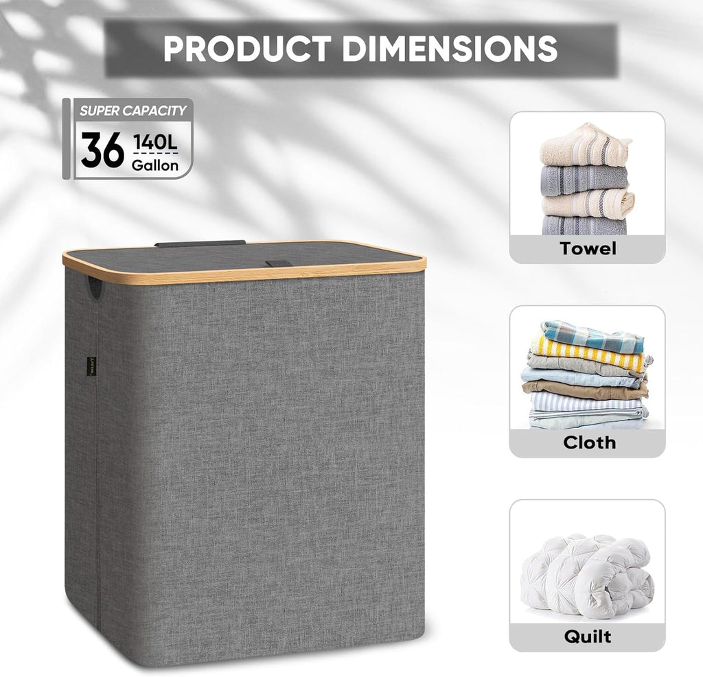 BALEINE Laundry Hamper with Lid, Tall Laundry Baskets with Bamboo Pull Handles, Large Laundry Bin with Internal Support (36 Gal/140L, Grey)