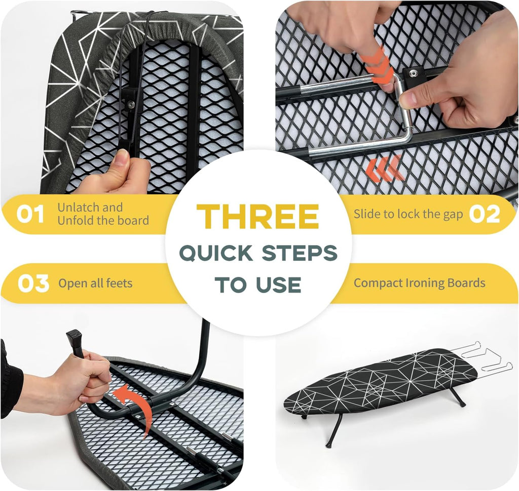 Mini Ironing Board Tabletop Foldable, RAINHOL Space-Saving Iron Board, Compact and Portable for Travel and College, with Hook and Iron Holder, Steel Mesh, 31" x 12", Black and White Stripes