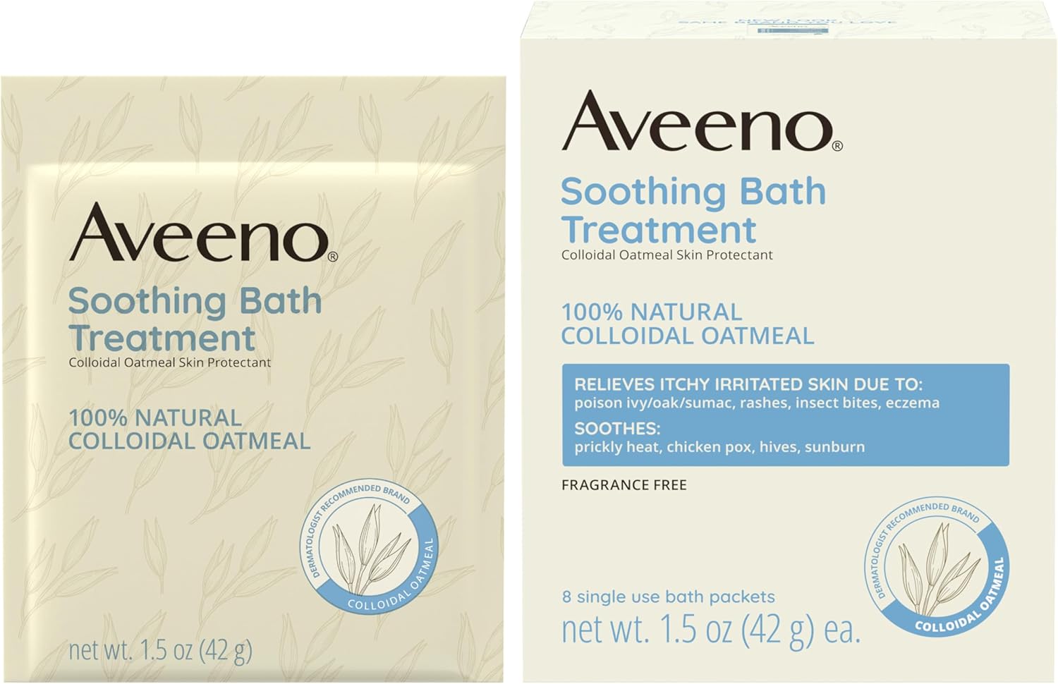 Aveeno Fragrance-Free Soothing Bath Treatment & Soak for Soothing Relief, 100% Natural Colloidal Oatmeal, Relieves Itchy, Irritated Skin Due to Eczema, 8 Single-Use Bath Packets