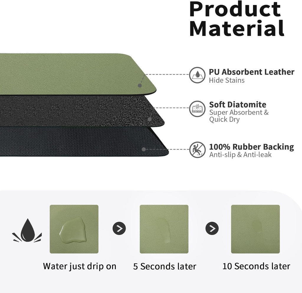 Dish Drying Mat for Kitchen Counter, Heat Resistant Drainer Mats with Non-slip Rubber Backed, Hide Stain Kitchen Super Absorbent Draining Mat, Easy to Clean Dish Rack Pad, Green 18"x24"