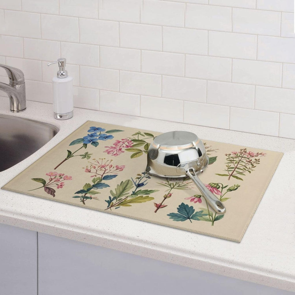 Vintage Plants Herbs Floral Dish Drying Mat Highly Absorbent Double-Sided Microfiber with Hanging Loop Reversible Drain Dish Rack Mat Drain Mat Suitable for Kitchen Countertop Coffee Bar 18 x 24 Inch