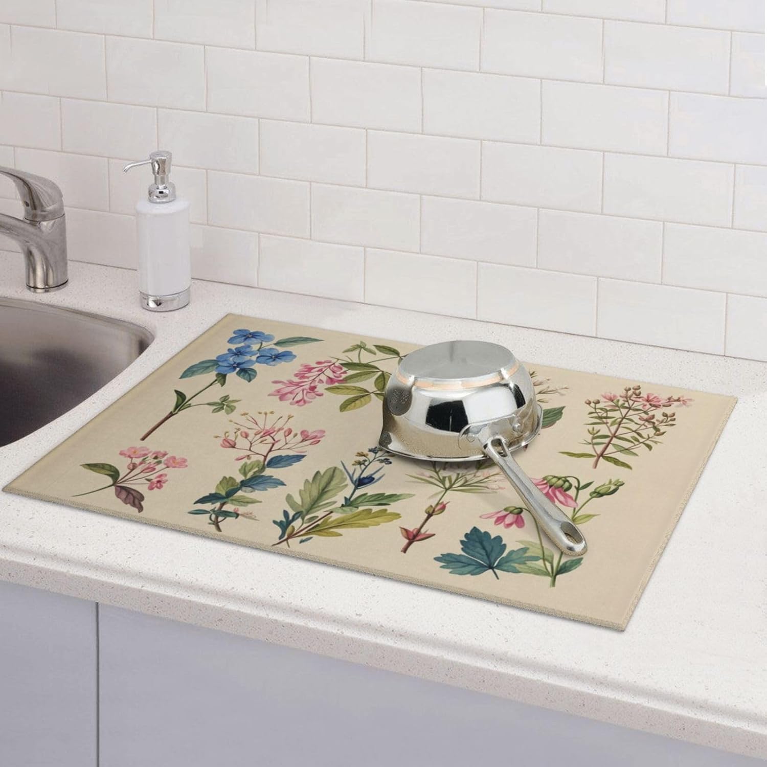 Vintage Plants Herbs Floral Dish Drying Mat Highly Absorbent Double-Sided Microfiber with Hanging Loop Reversible Drain Dish Rack Mat Drain Mat Suitable for Kitchen Countertop Coffee Bar 18 x 24 Inch