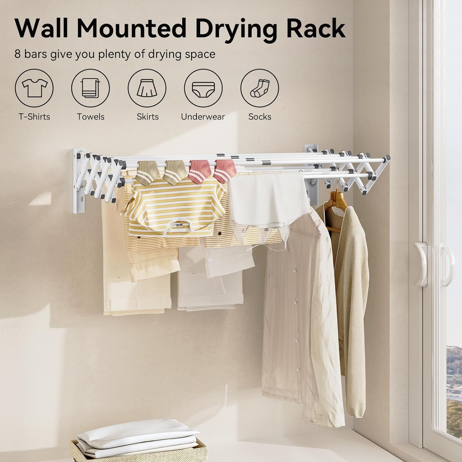 APEXCHASER Wall Mounted Clothes Drying Rack, Laundry Drying Rack Retractable, Towel Racks Wall Mounted for Bathroom Balcony Laundry Room Indoor, Foldable Accordion Dryer Rack for Clothing, White