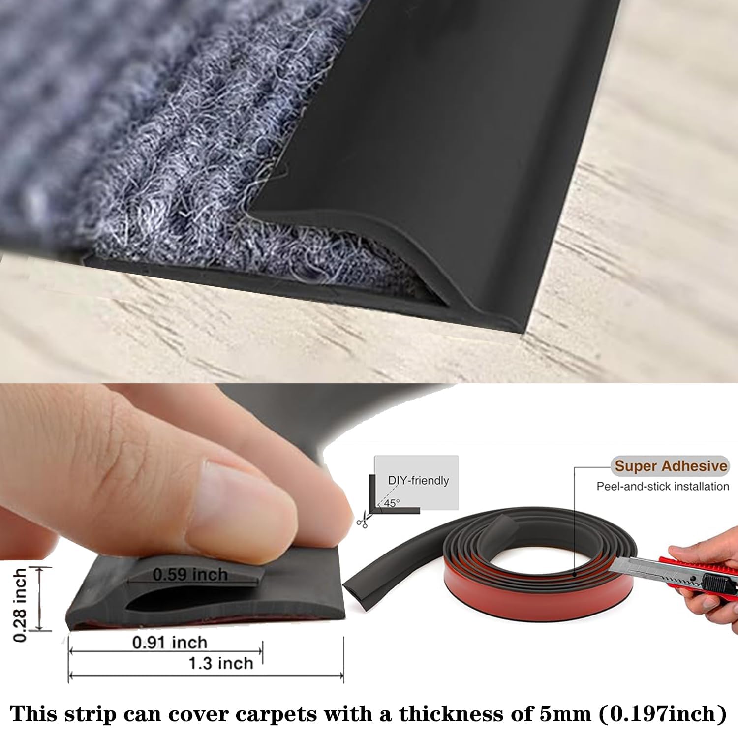 Self Adhesive Carpet Transition Strip with Edge Trim, Designed for Seamless Transitions from Carpet to Tile or Vinyl Floors, Perfect for Doorways.(Black,60ft)