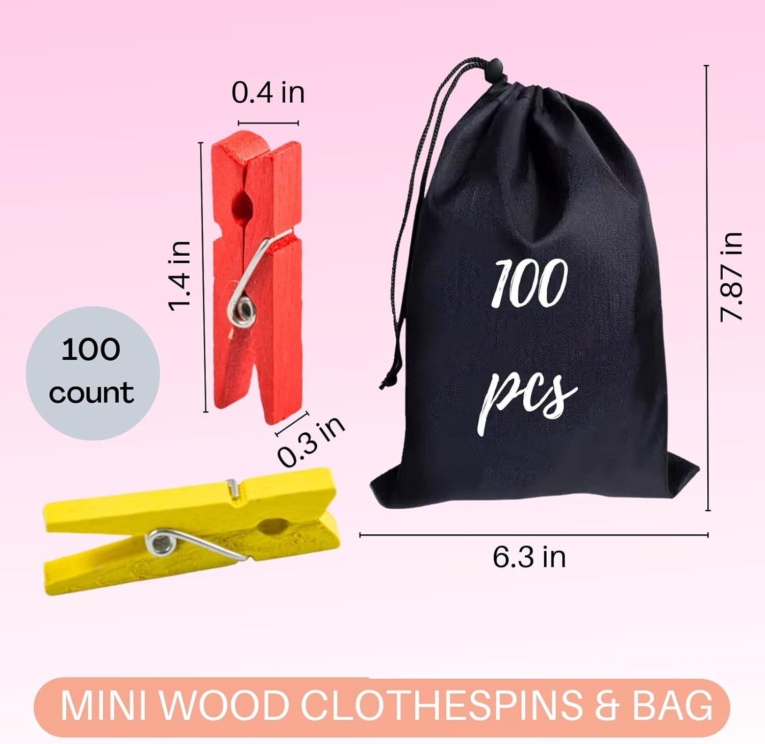 Clothespins, Small Clothes Pins for Photos, 1.4'' 100 PCS Natural Birchwood Mini Clothes Pins, Strong Springs Colorful Clothespins with Storage Bag, Mini Clothespins for Photos, Crafts, Pictures, Art