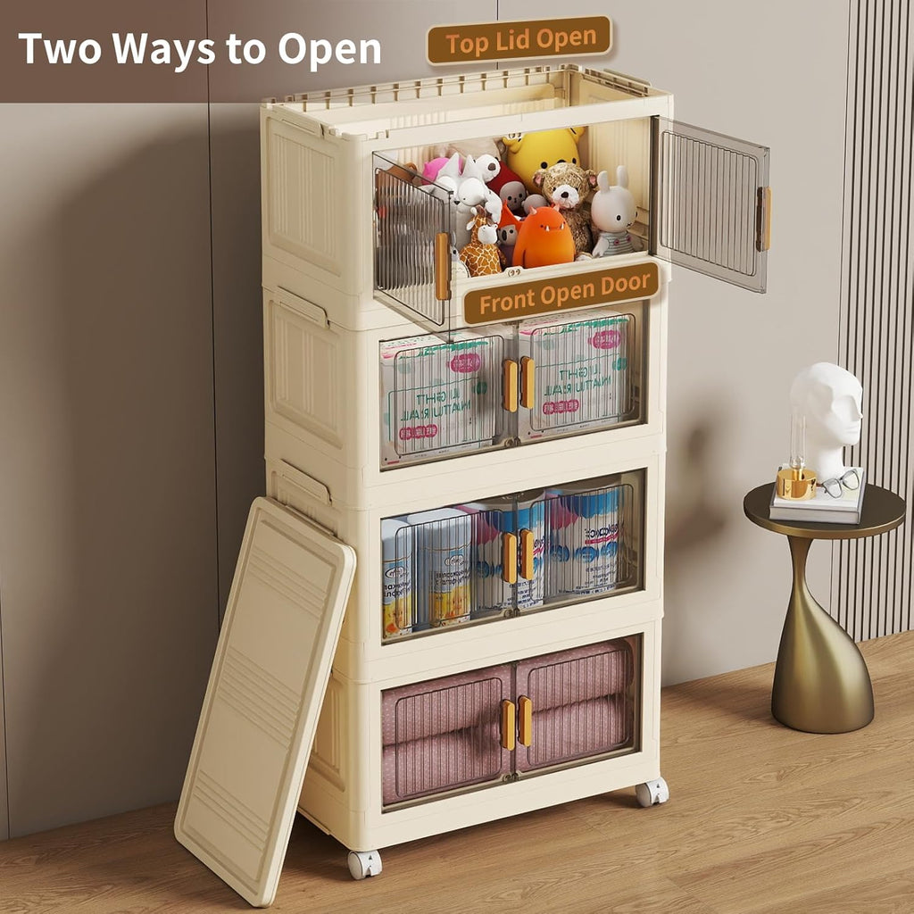 4 Tier Stackable Plastic Storage Bins with Lids 48QT, Collapsible Closet Organizers and Storage with Wheels for Living Room,Office,Dorm