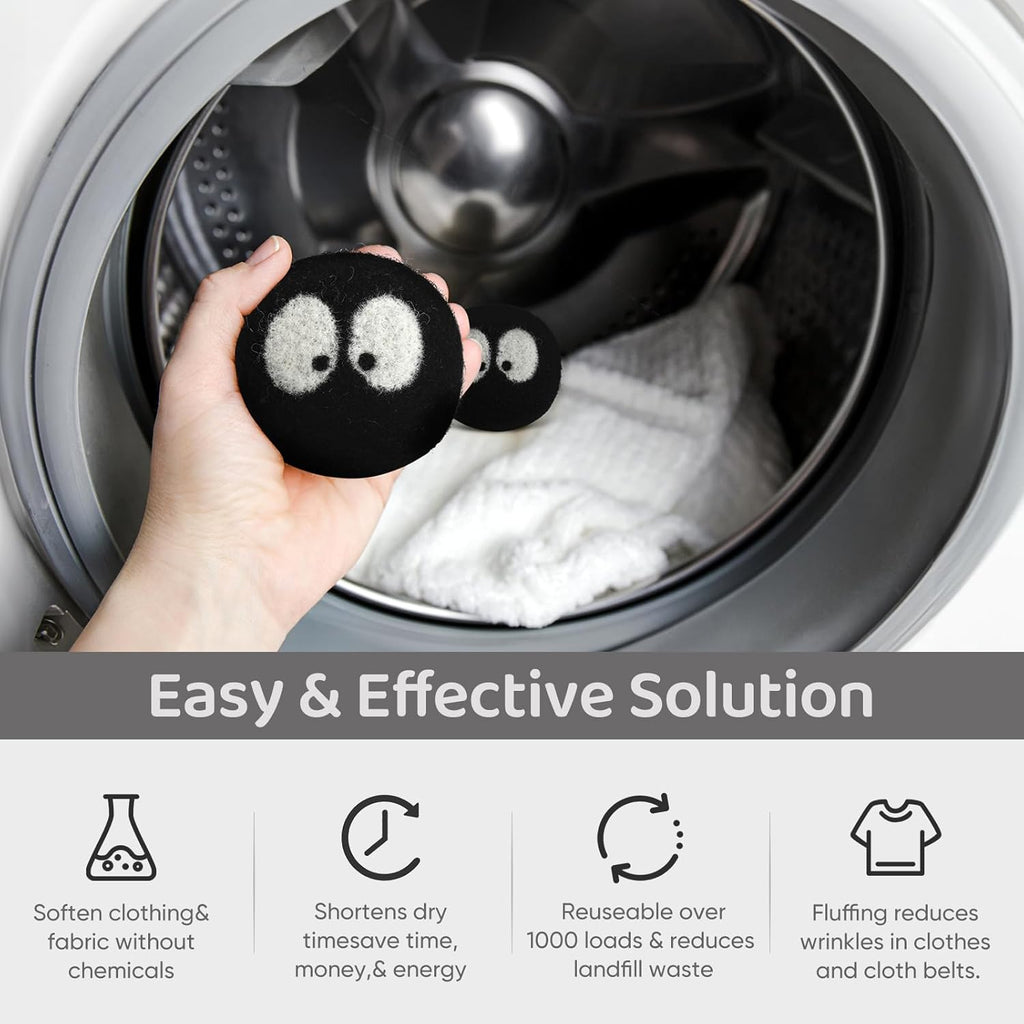 Wool Dryer Balls 6 Pack, Natural Fabric Softener, Dryer Balls Laundry Reusable, Reduces Clothing Wrinkles and Saves Drying Time (Black)