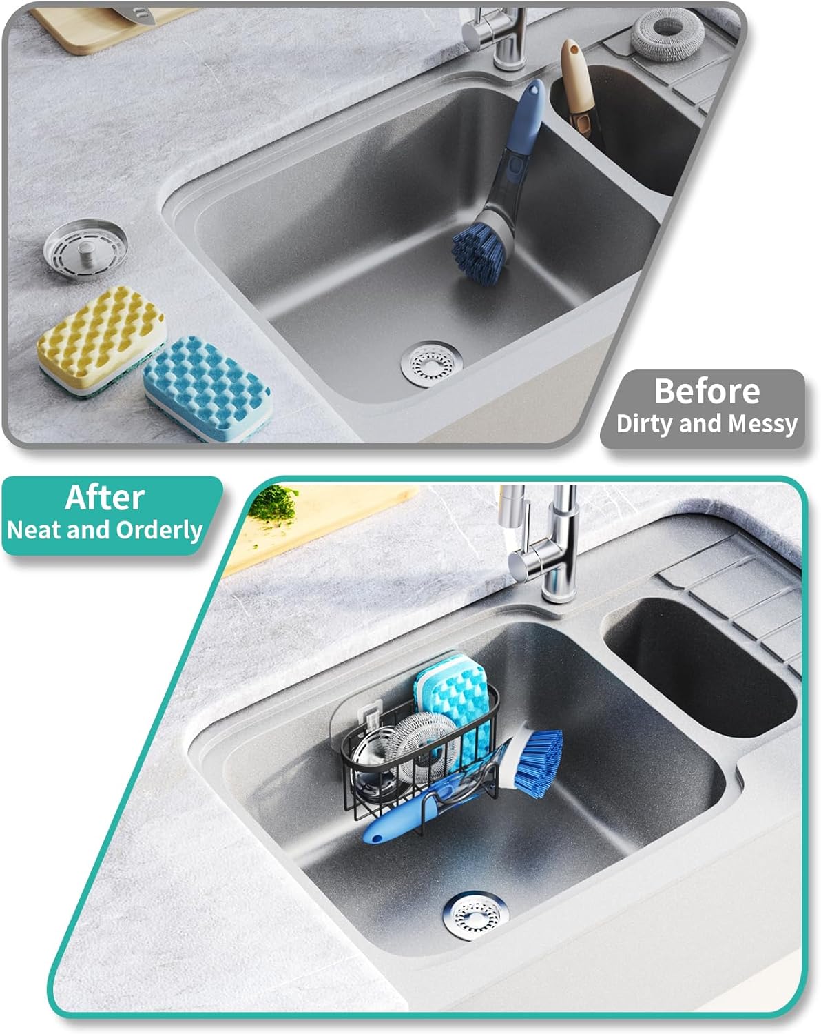 HapiRm Multifunctional Sponge Holder with Unique M-shaped, Two Installation Methods Kitchen Sink Organizer, Rustproof Stainless Steel Sink Caddy -Black（2-pack）