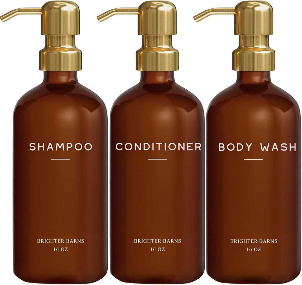 Luxury Shampoo and Conditioner Dispenser Set by Brighter Barns - Empty Shampoo Bottles Refillable with Gold Pump - Plastic Shower Soap Dispenser for Modern Bathroom Decor in Airbnb, Spa (Amber Gold)