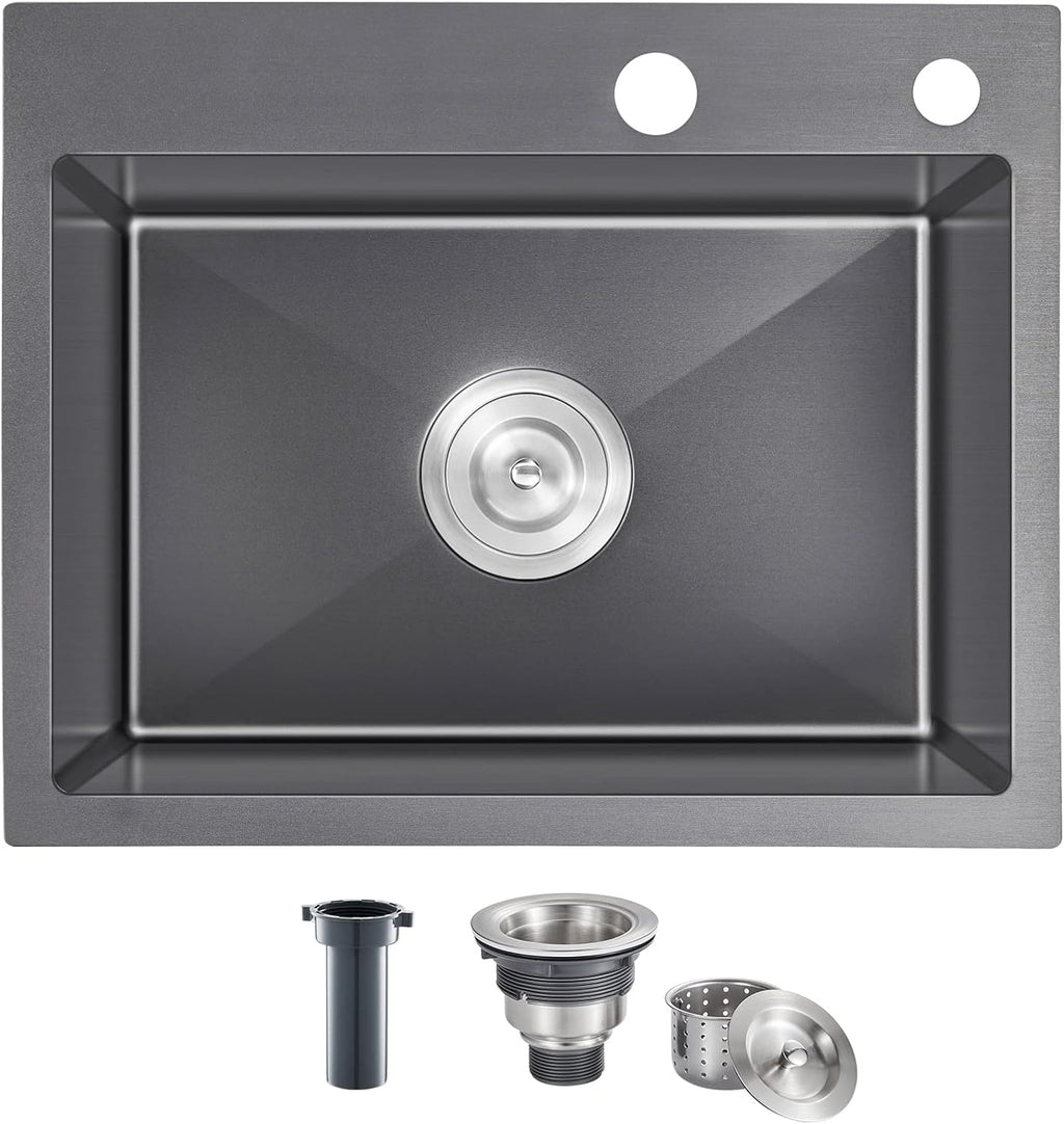 23x18 Inch Kitchen Sink, Handmade 304 Stainless Steel Sink, 9" Deep Single Bowl with Brushed Finish, Topmount with 2 Holes, R10 Tight Corner, for Modern Kitchen/RV/Outdoor Sink