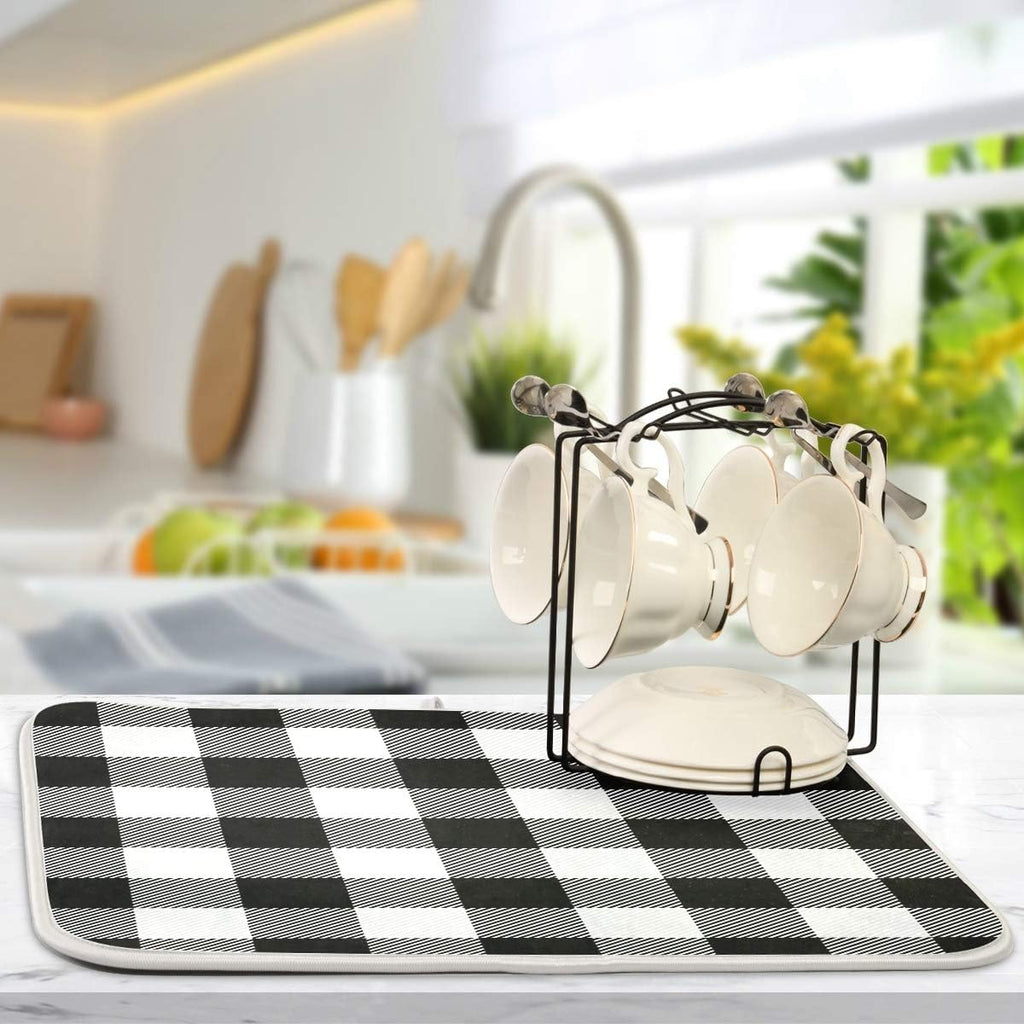 White and Black Buffalo Plaid Dish Drying Mat 16x18 for Kitchen Classic Buffalo Check Dishes Pad Dish Drainer Rack Mats Absorbent Fast Dry Kitchen Accessories