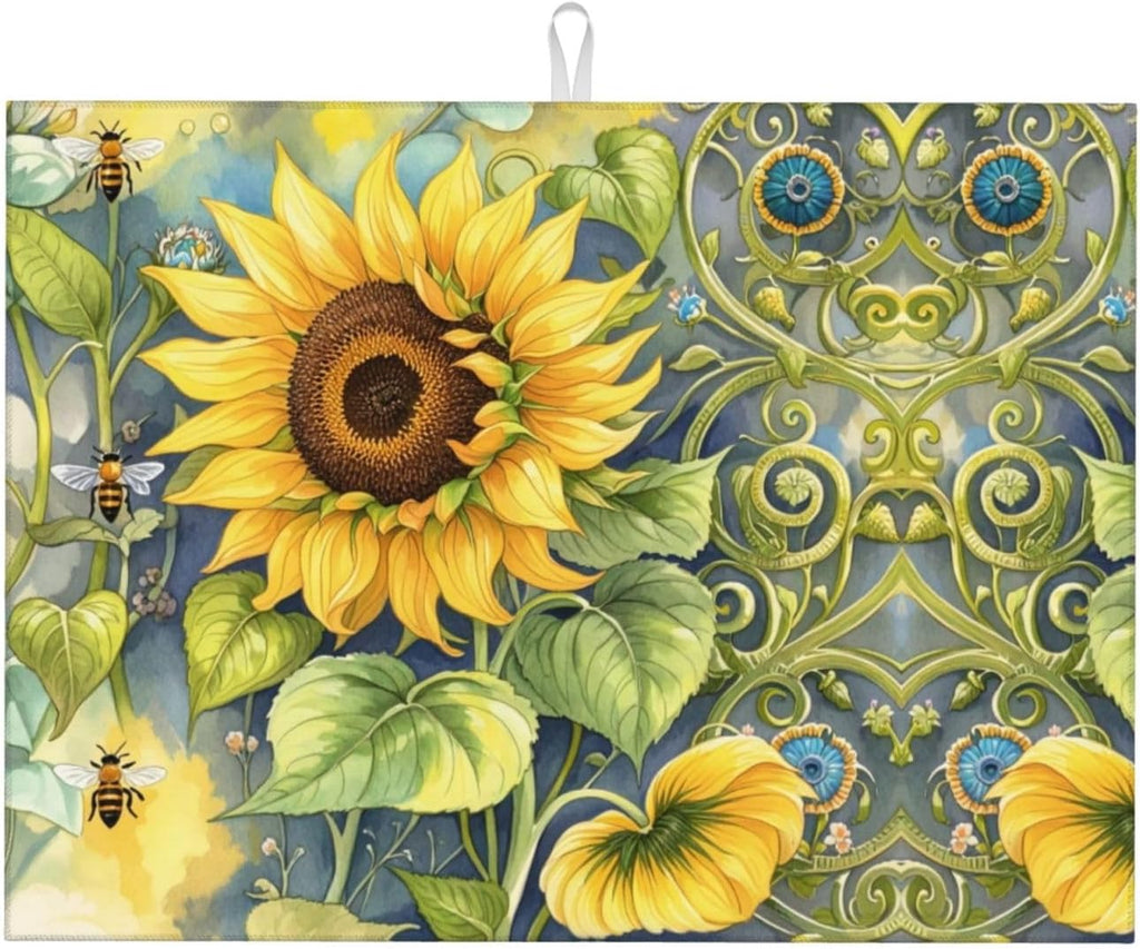 Sunflower Bee Dish Drying Mat Highly Absorbent Double-Sided Microfiber with Hanging Loop Reversible Drain Dish Rack Mat Drain Mat Suitable for Kitchen Countertop Coffee Bar 18 x 24 Inch