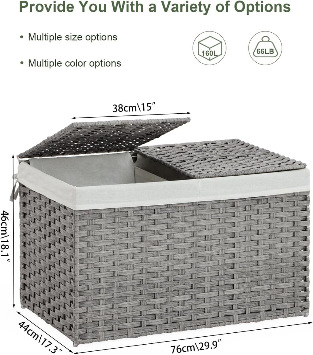 Storage Basket with Lid Wicker Baskets for Storage with 2 Separate Lid 42.3 Gallon (160 L) 29.9 x 17.3 x 18.1 Inches Rattan Woven Large Wicker Basket with 2 Liners for Bedroom Laundry Gray