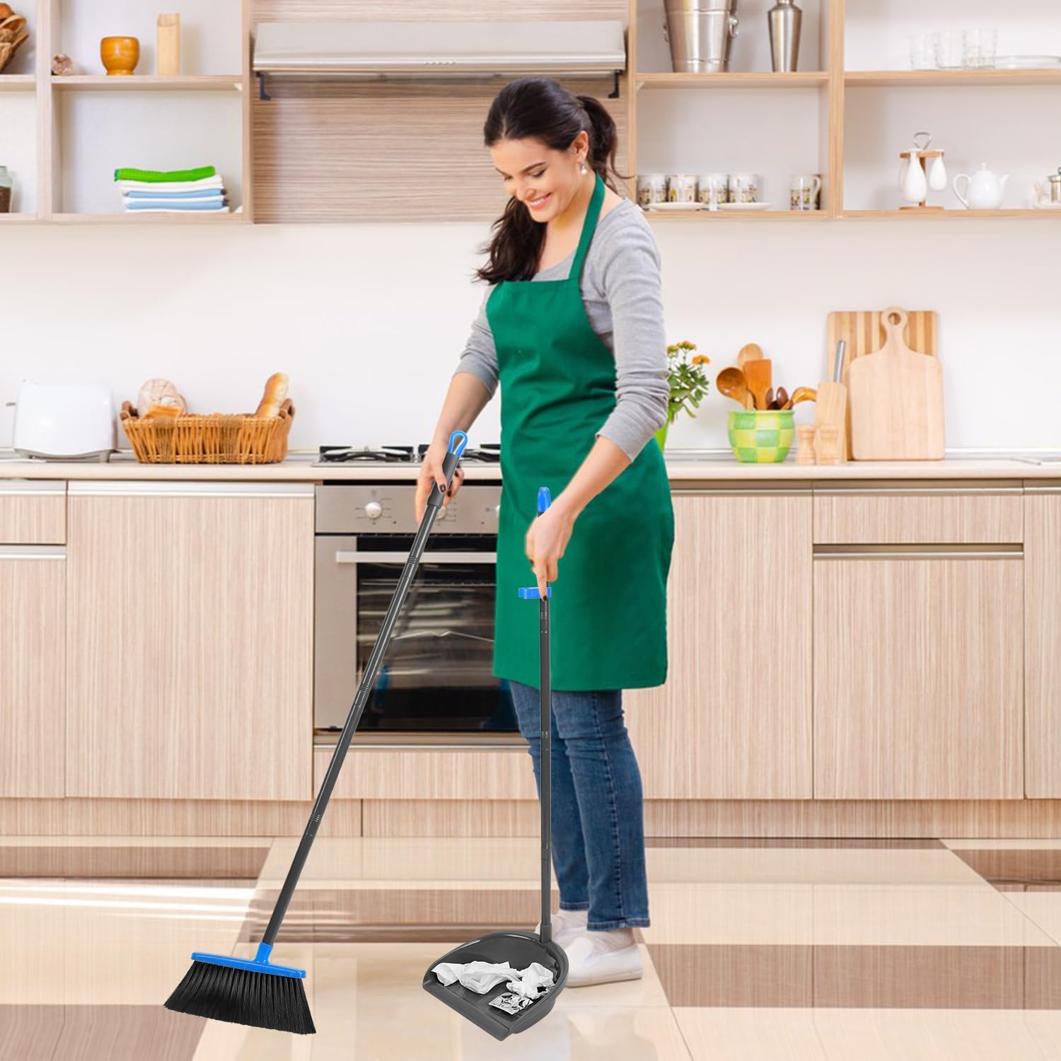 Broom and Dustpan Set ，Long Handle Broom with Upright Standing Dust pan for Indoor Outdoor Home Kitchen Office Floor Cleaning