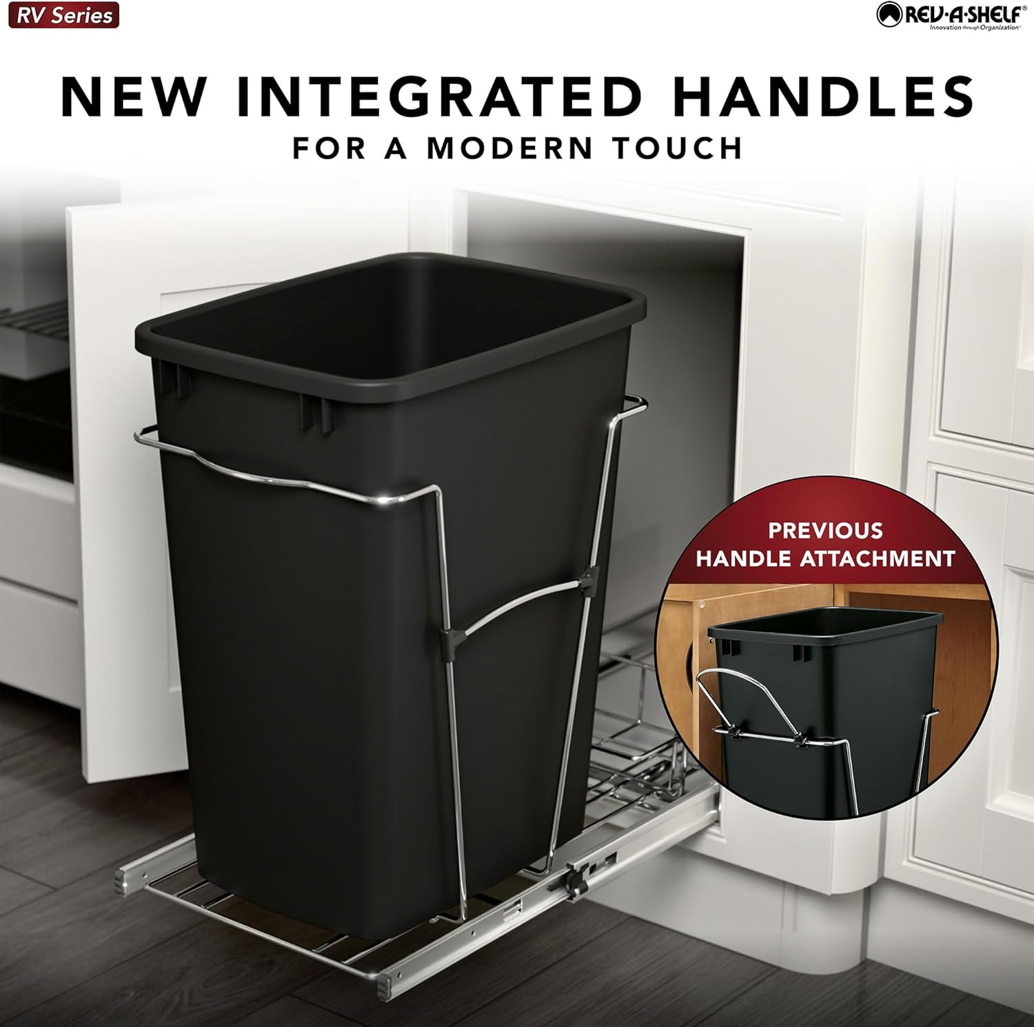 Rev-A-Shelf Pullout Trash Can for Kitchen Cabinets 35 Qt Garbage Waste Recycling Bin w/ Full Extension Slide, Metallic Silver, RV-12KD-17C S