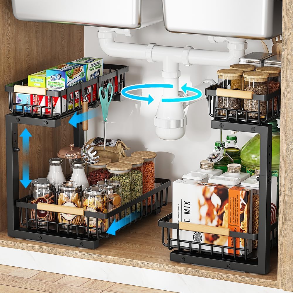 Under Sink Organizer, 2 Tier Under Sink Organizers and Storage, Metal Slide out Pull out Cabinet Organizer ，2 Pack Sliding Drawer Organizer for Kitchen Bathroom Pantry