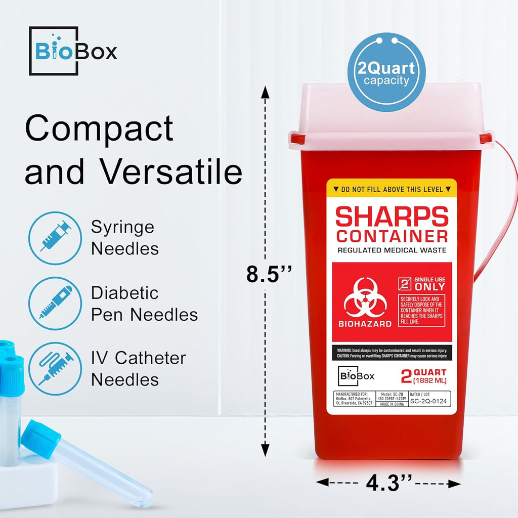 Sharps Container Large - Sharps Containers for Home Use and Labs - Portable Needle Disposal and Travel Size Biohazard Bin - 2 Quart (Pack of 3)