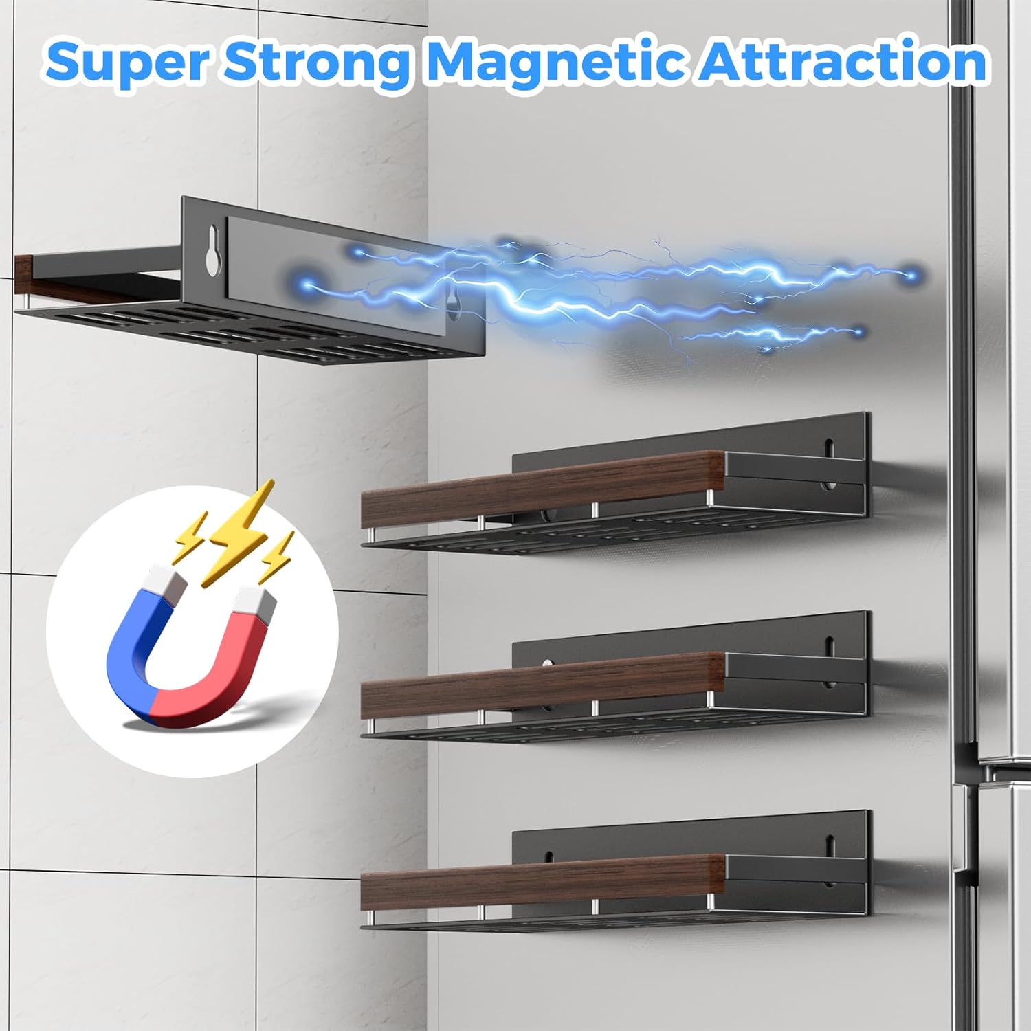 Walnut Magnetic Spice organizer for Refrigerator Wall Mount Spice Rack Magnetic Fridge Shelf Spice Jar Seasoning Organizer (4 PSC)