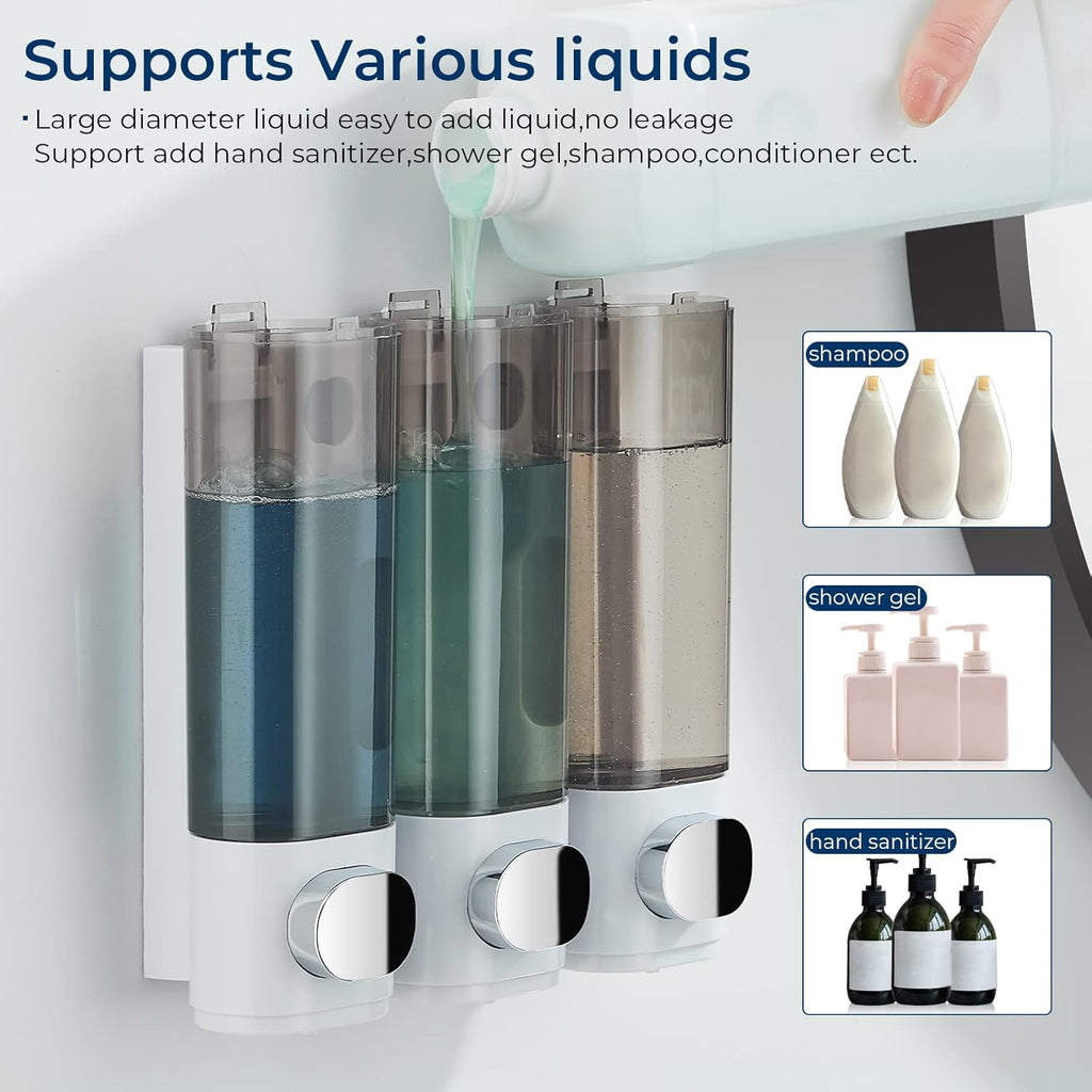 Shampoo and Conditioner Dispenser, Shower Soap Dispenser 3 Chamber No Drill Shampoo Dispenser for Shower Wall Mounted Shampoo Conditioner Body Wash Dispenser for Bathroom,Large Capacity,White