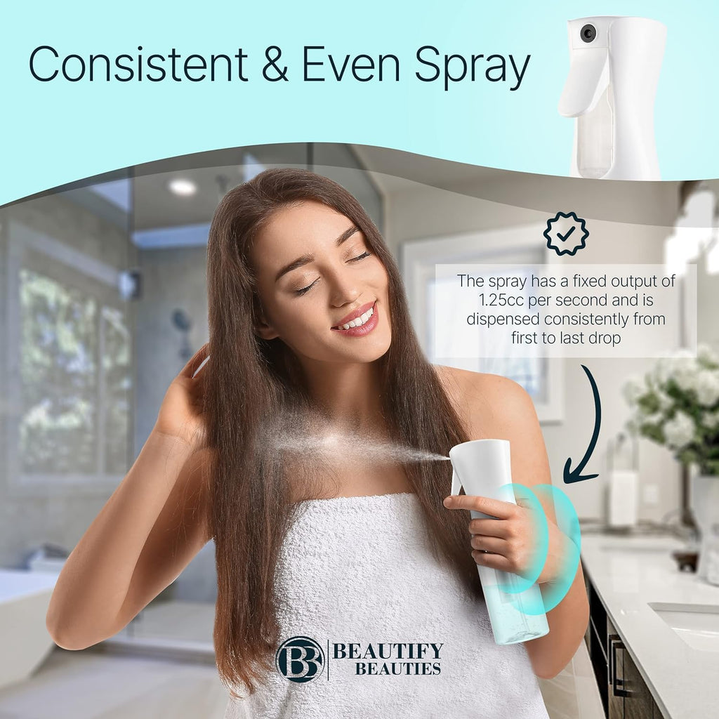 BeautifyBeauties Hair Spray Bottle – Ultra Fine Continuous Water Mister for Hairstyling, Cleaning, Plants, Misting & Skin Care (White, 10.1 Ounces)