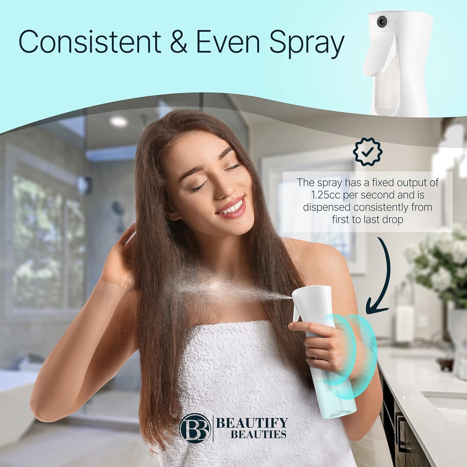 BeautifyBeauties Hair Spray Bottle – Ultra Fine Continuous Water Mister for Hairstyling, Cleaning, Plants, Misting & Skin Care (White, 10.1 Ounces)