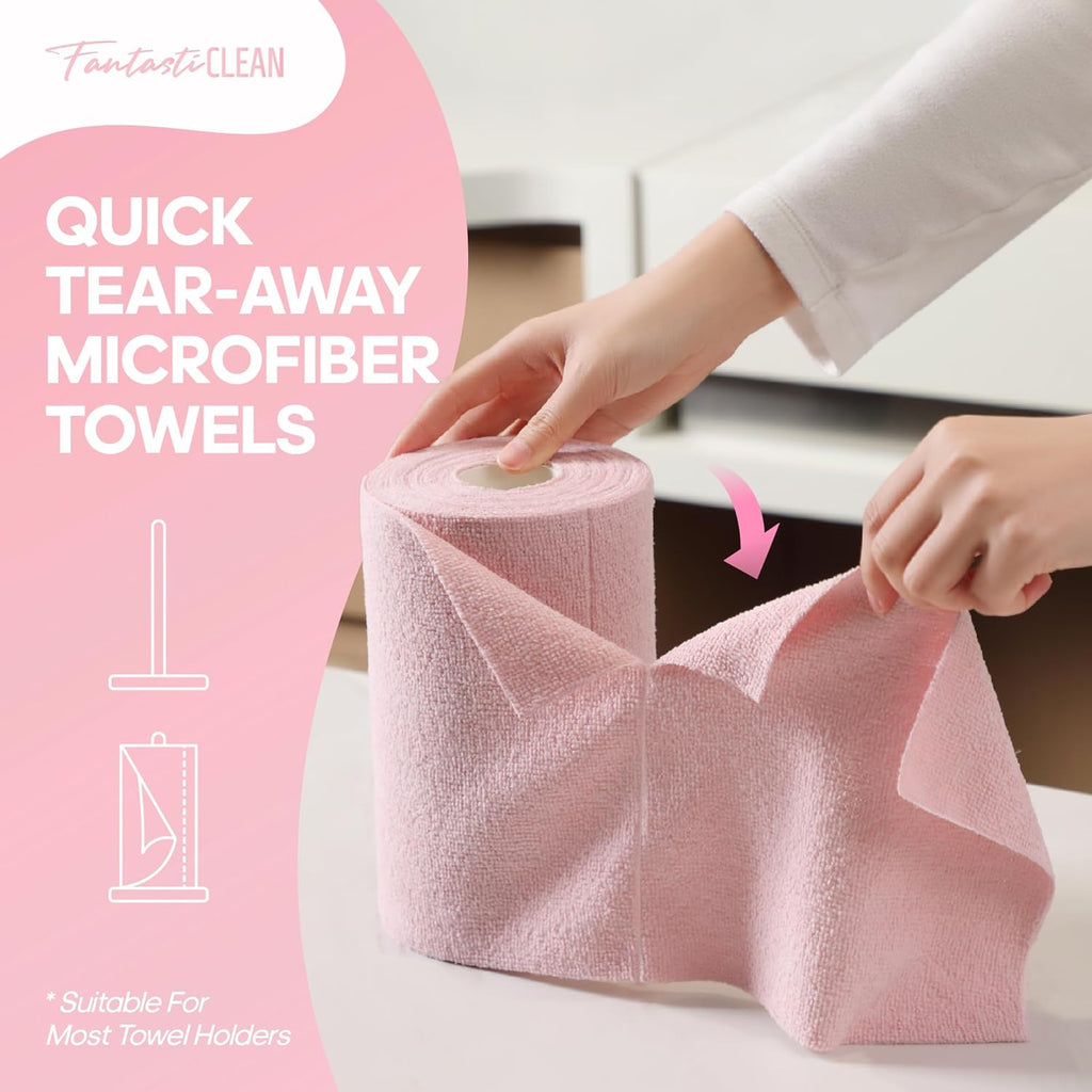 Fantasticlean Microfiber Cleaning Cloth Roll -60 Pack, Tear Away Paperless Towels, 8" x 8", Reusable Washable Rags, for Home Kitchen, Pet, Office, Indoor Outdoor, Compact and Portable (Pink)