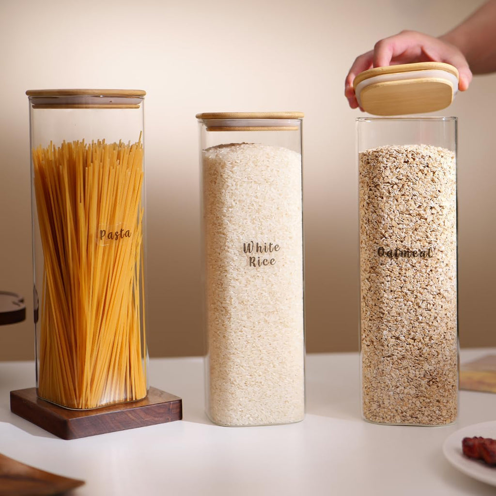 3 Pcs Square Glass Pantry Storage Containers with Bamboo Airtight Lid and 248 Clear Pantry Labels Preprinted - 74oz Thicken Glass Food Storage Jars for Coffee, Cookie, Tea, Sugar, Spice