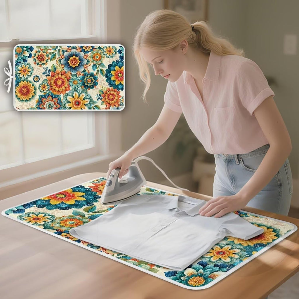 Boho Ironing Mat Foldable Ironing Pad Portable Board Iron Board Alternative Cover,Foldable Cover Flower Small Iron Mat for Table Top,Washer and Dryer 32 x 16 Inch