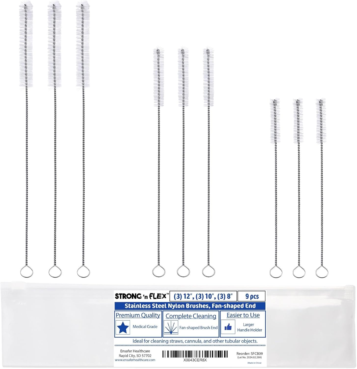 Strong 'n Flex Nylon Straw Cleaner Brushes – Fan-Shaped End for Tight Spaces, Ideal for Reusable Straws, Water Bottles, Sippy Cups & Pipes – Includes Zippered Pouch – 8", 10”, 12” Long – Set of 9