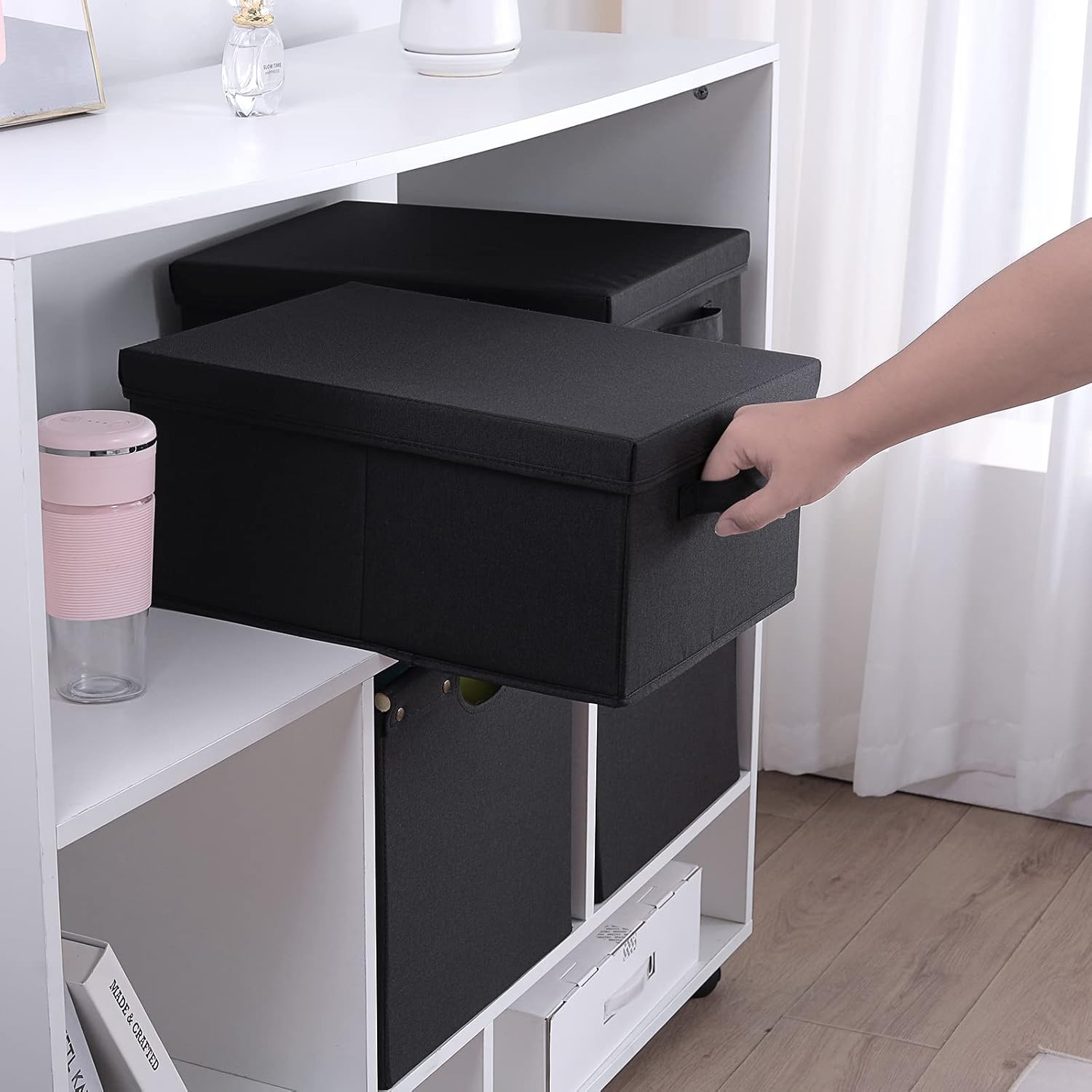 HOONEX Storage Bins with Lids for Organizing, Pack of 2, Storage Boxes with 2 Carrying Handles and Sturdy Heavy Cardboard, 16.5" L x 11.8" W x 7.5" H for Shoes, Books, Clothes, Black