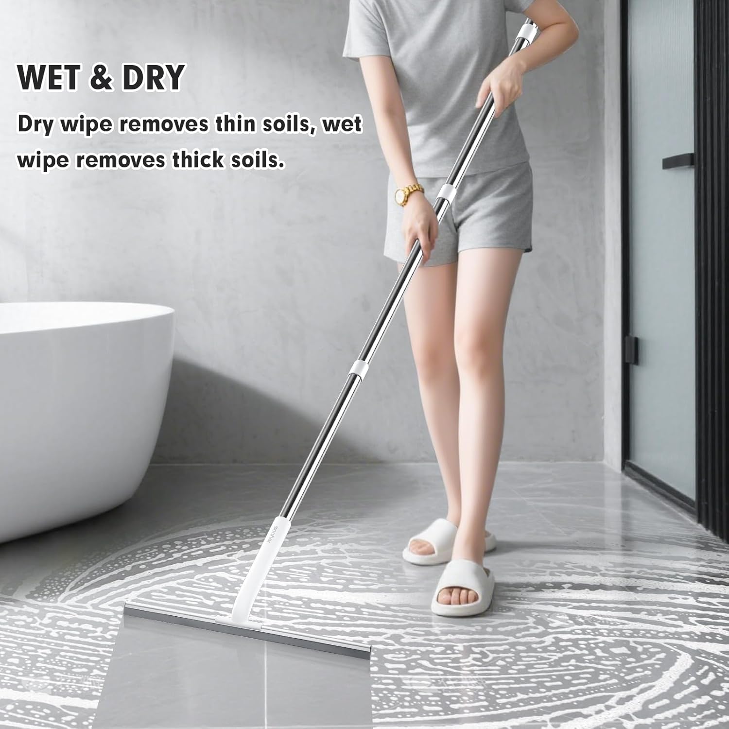 Rubber Floor Squeegee for Smooth Surface Concrete Floor, Tile Floor, Heavy Duty Garage Shower Floor Squeegee Broom for Removing Water, Commercial Scrubber Mop with Adjustable Long Handle